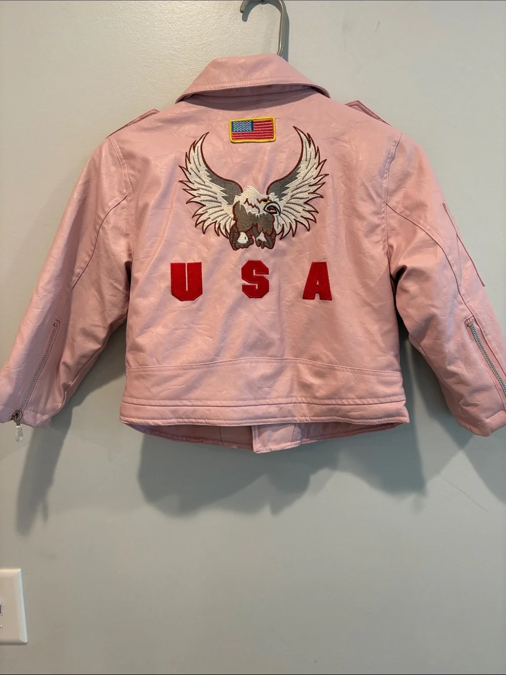 Girls' Pink Faux Leather Biker Jacket with Stars